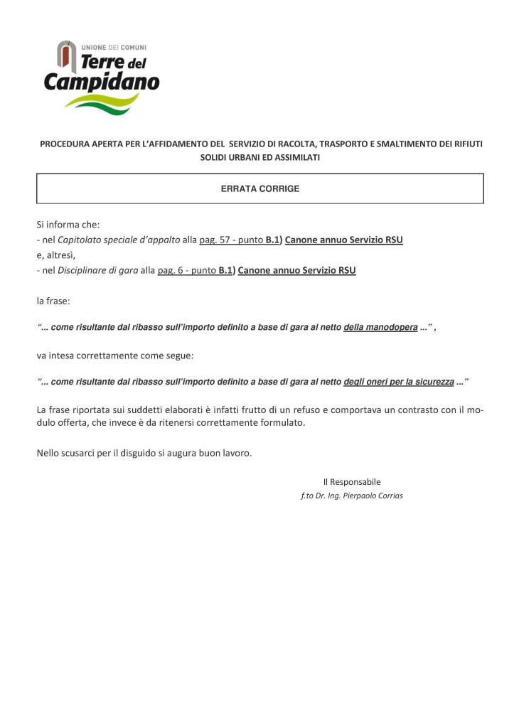 Errata corrige – Procedura aperta per l’affidamento del servizio di raccolta, trasporto e smaltimento dei rifiuti solidi urbani ed assimilati