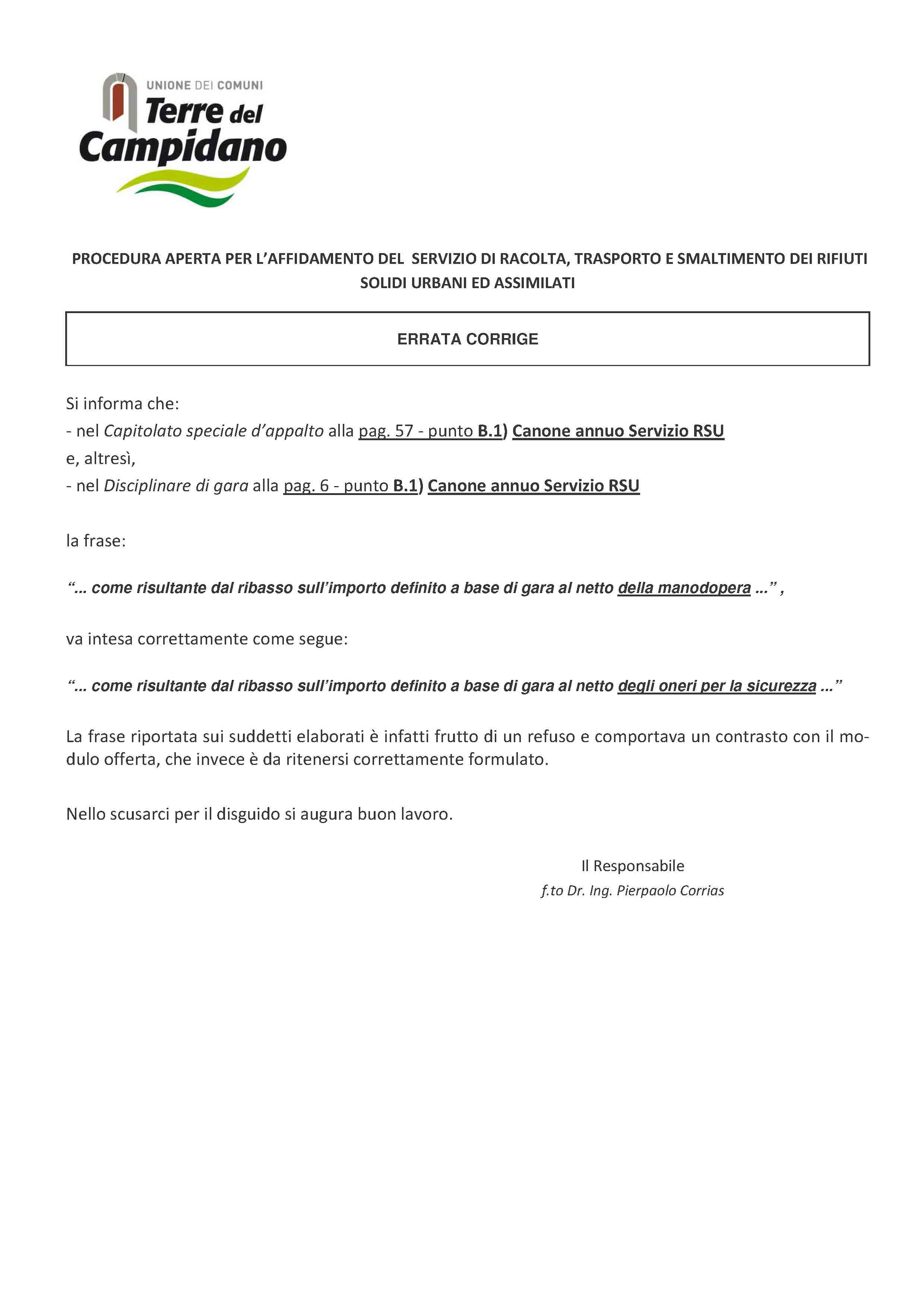 Errata corrige – Procedura aperta per l’affidamento del servizio di raccolta, trasporto e smaltimento dei rifiuti solidi urbani ed assimilati